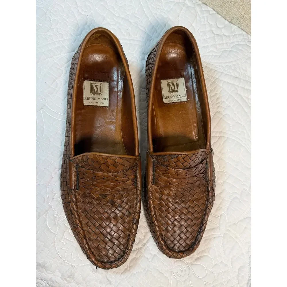 Bruno Magli Mens 9M Brown Basketweave Leather Slip On Dress Loafers Shoes Casual